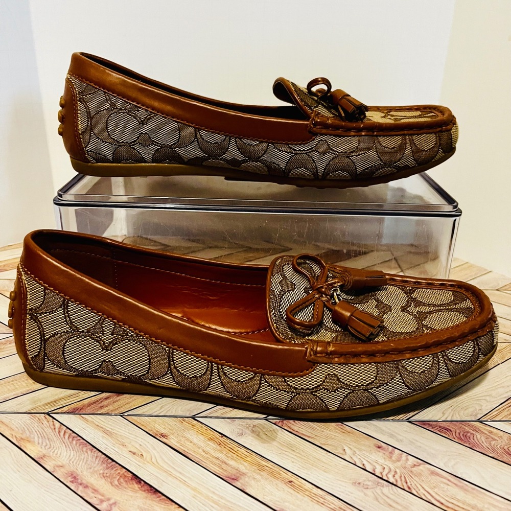 Coach Signature C Jacquard Tassel Driving Loafers Womens 6.5B Brown G4180 Office - Picture 2 of 8
